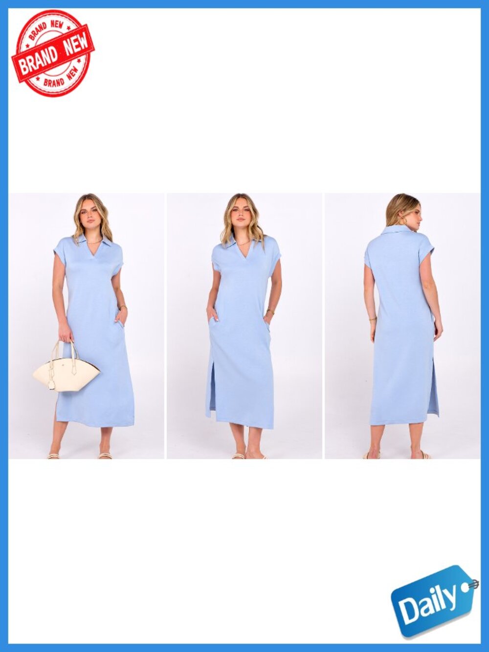 Short Sleeve V-Neck Maxi Dress with Pockets, Casual Loose Fit, Wrinkle-Free - Picture 6 of 6